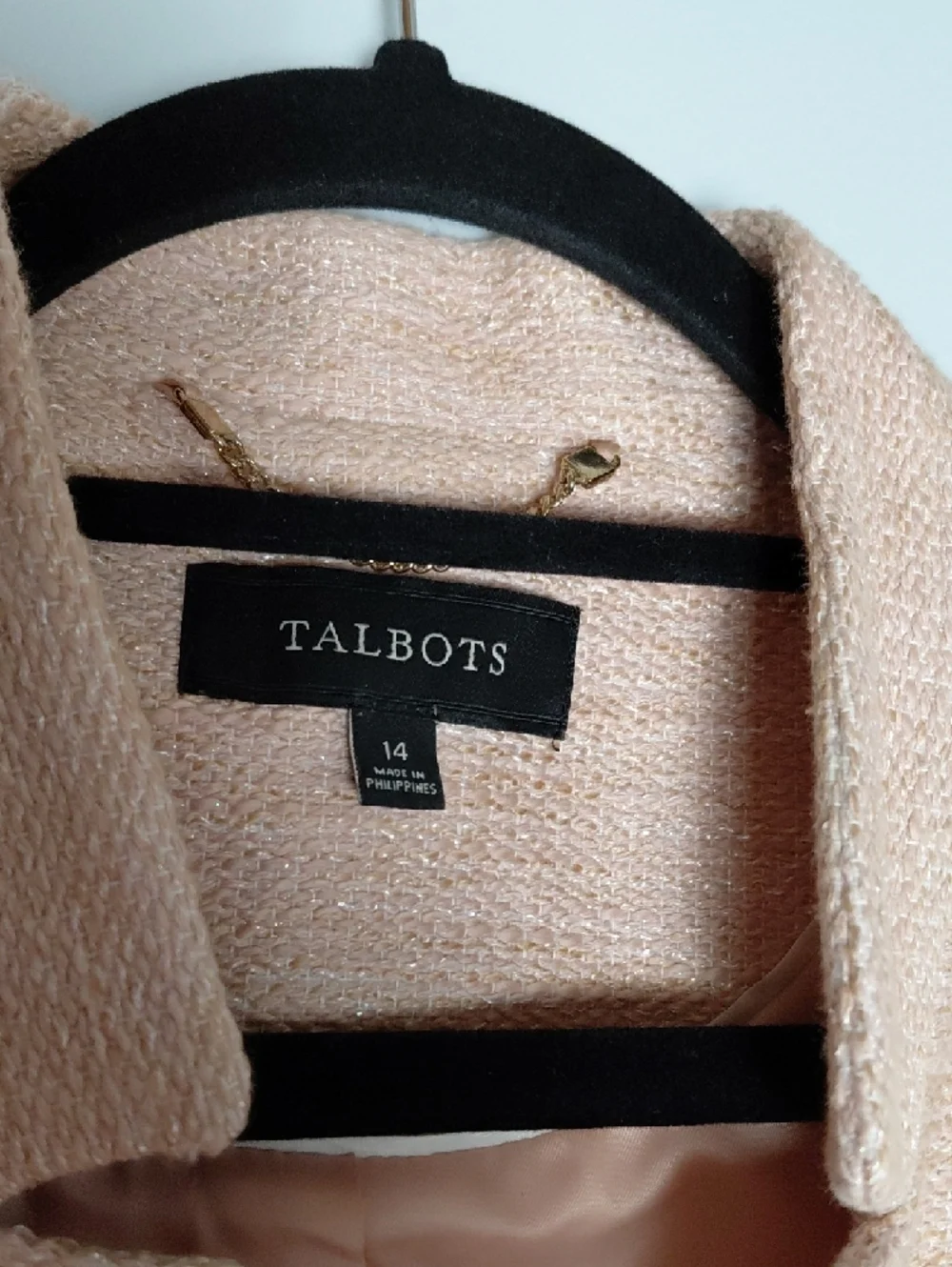 Talbots Blush Pink Metallic Tweed Collarless Blazer